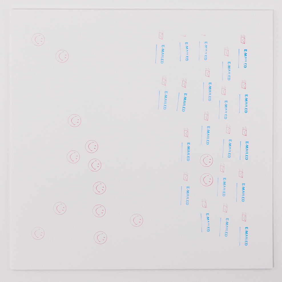 blank record sleeve stamped with red and blue symbols by Cory Arcangel